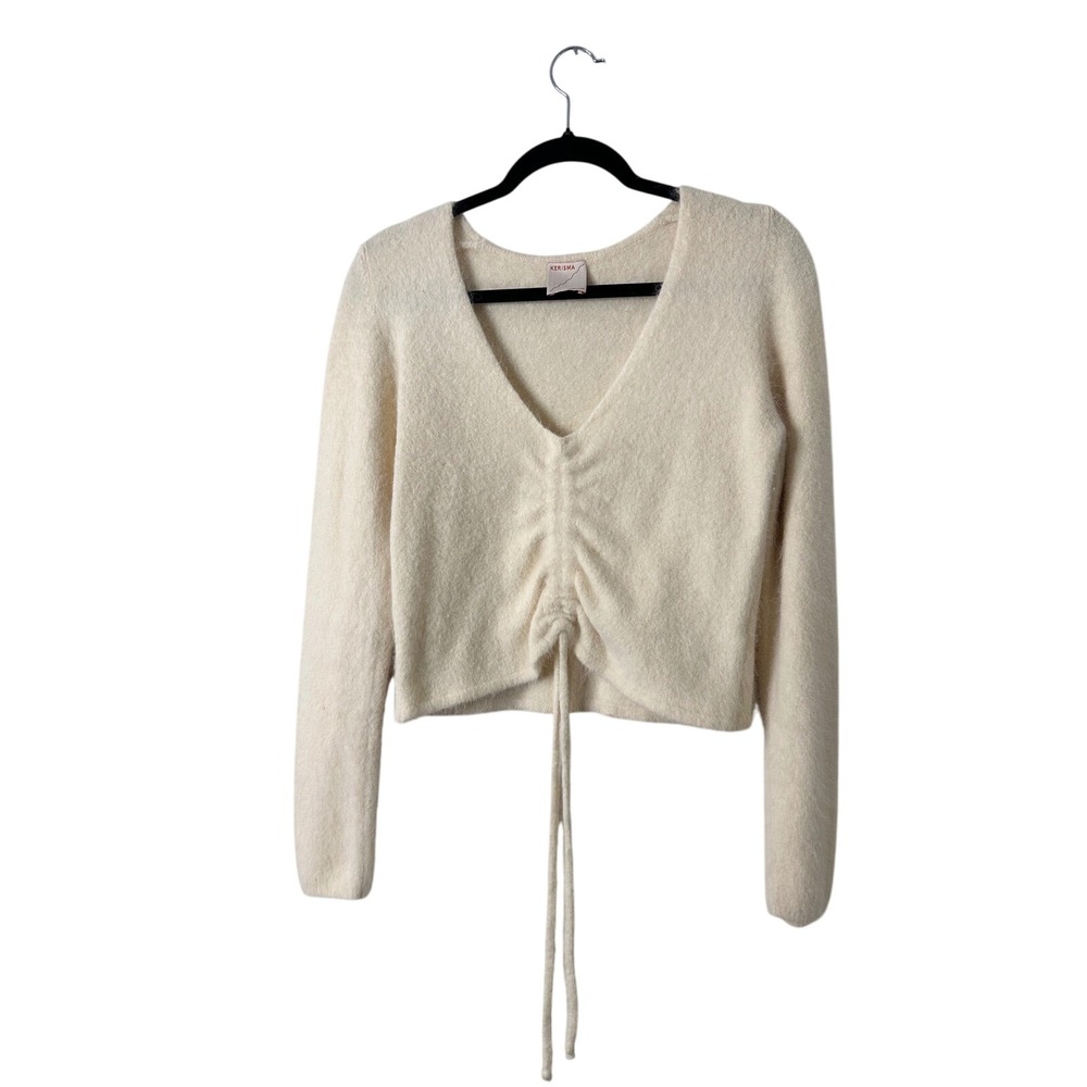 KERISMA Cream Angora Blend Ruched V Neck Cropped Sweater M/L